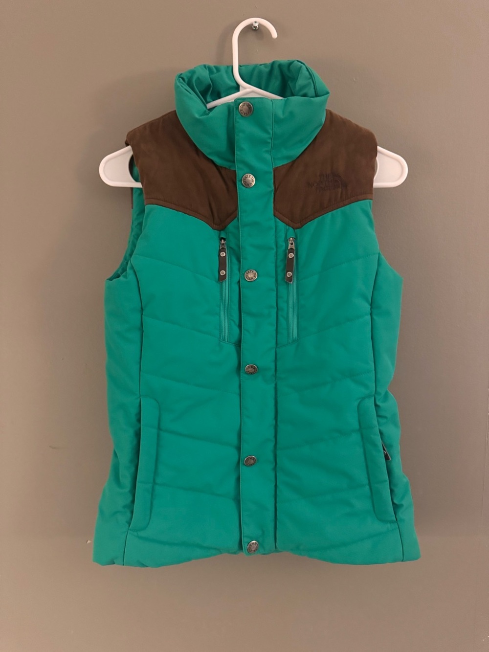 The North Face Women's Teal Puffer Vest with Brown Yoke